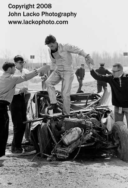 US-131 Motorsports Park - Brannan Is Helped Out Of His Wreck Afx Mustang After Flipping It May 1966 From John A Lacko Www Lackophoto Com (newer photo)